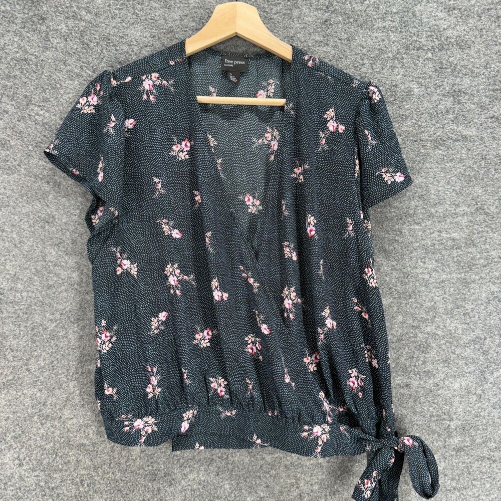 Free Press Blouse Women XL Black Floral V-Neck Short Sleeve Tie Up Casual